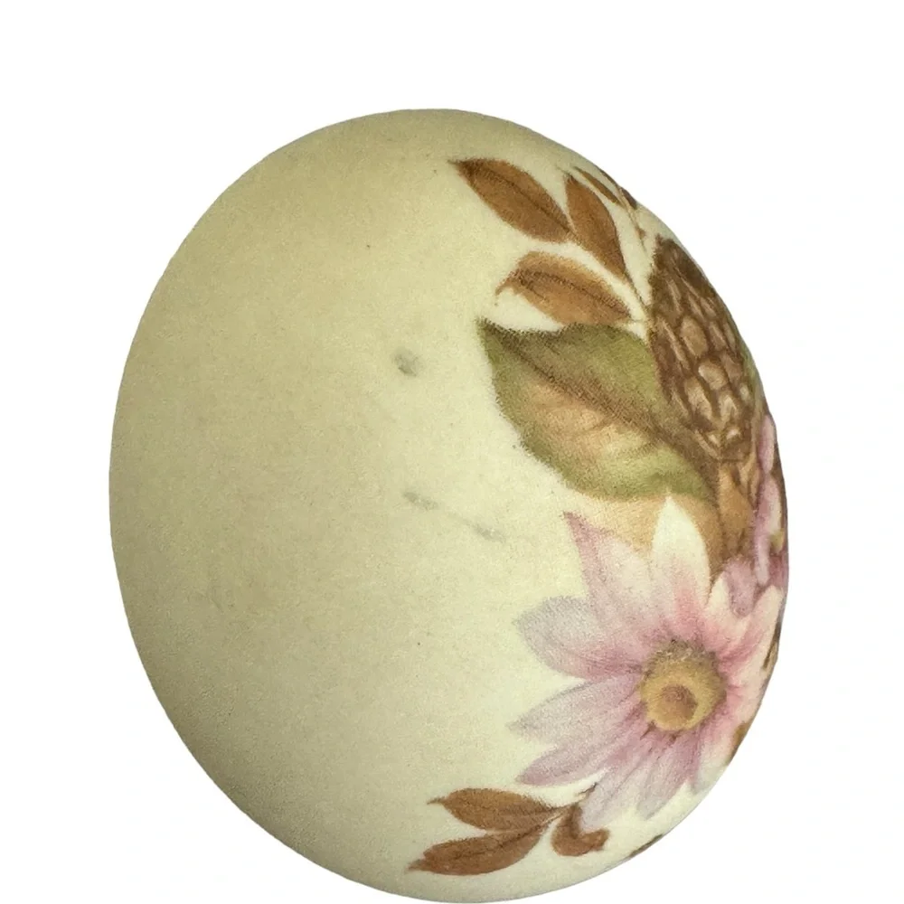 Vintage Porcelain Egg -Pink Daisies & Pine Cone, Green Felt, Cottage Theme, 2” H